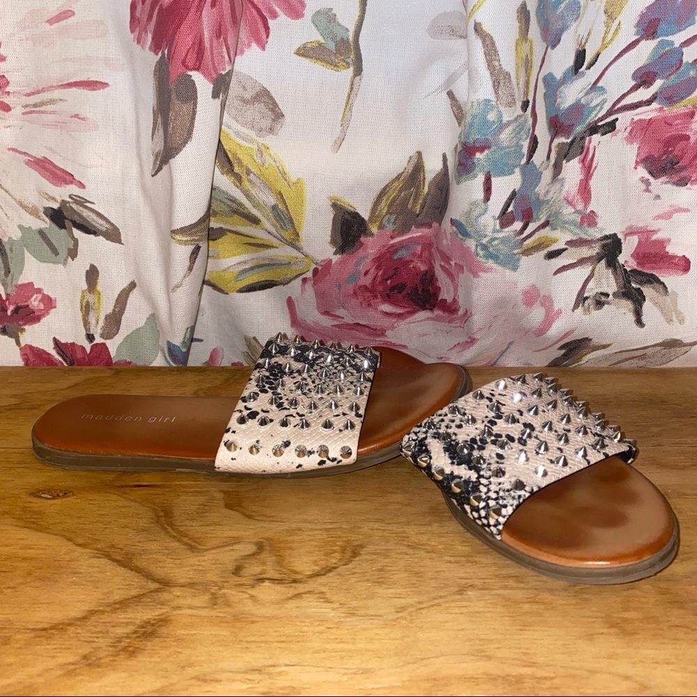 Snake skin studded slide sandals